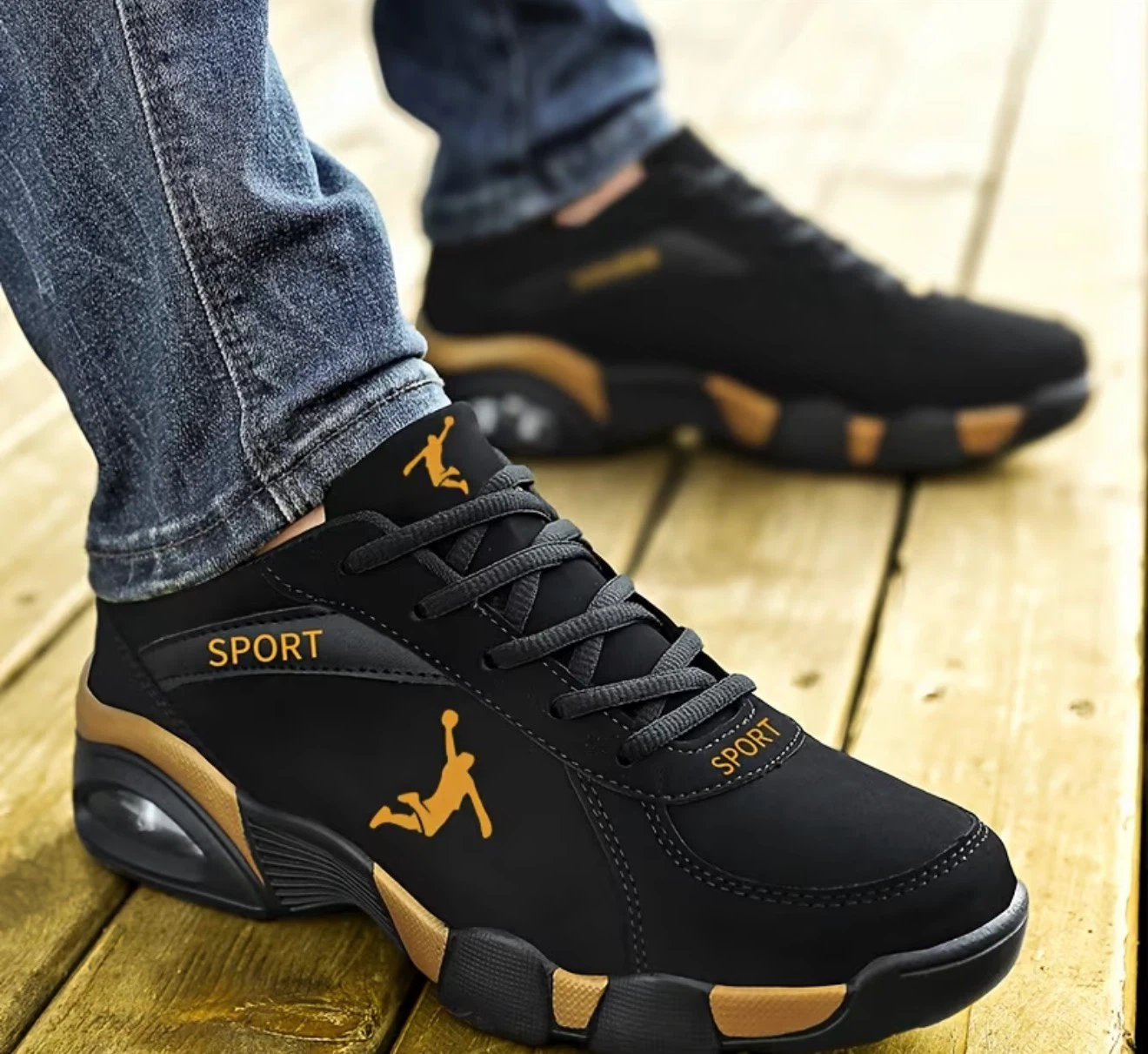 Men's Black Sport Sneakers with Gold Accents
