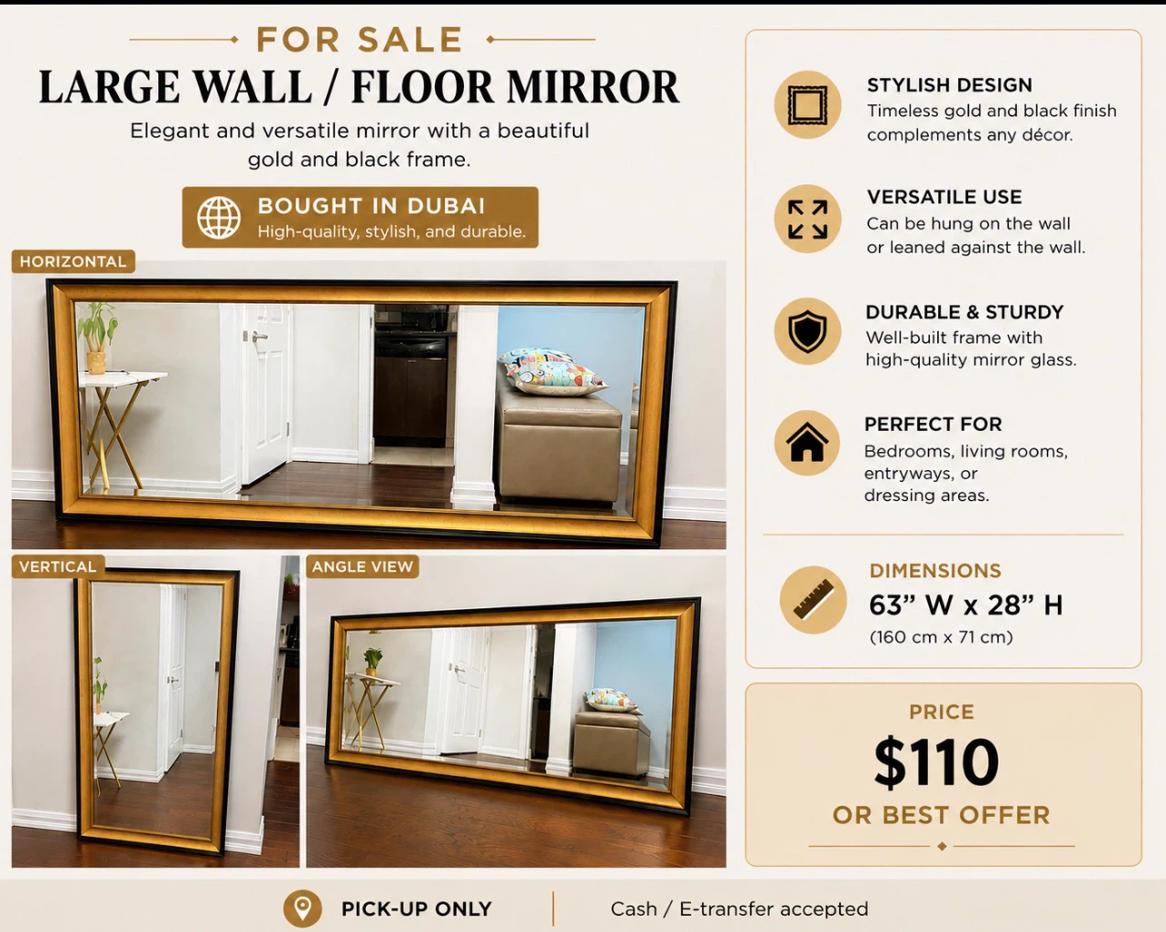 Large Wall/Floor Mirror - Gold & Black Frame