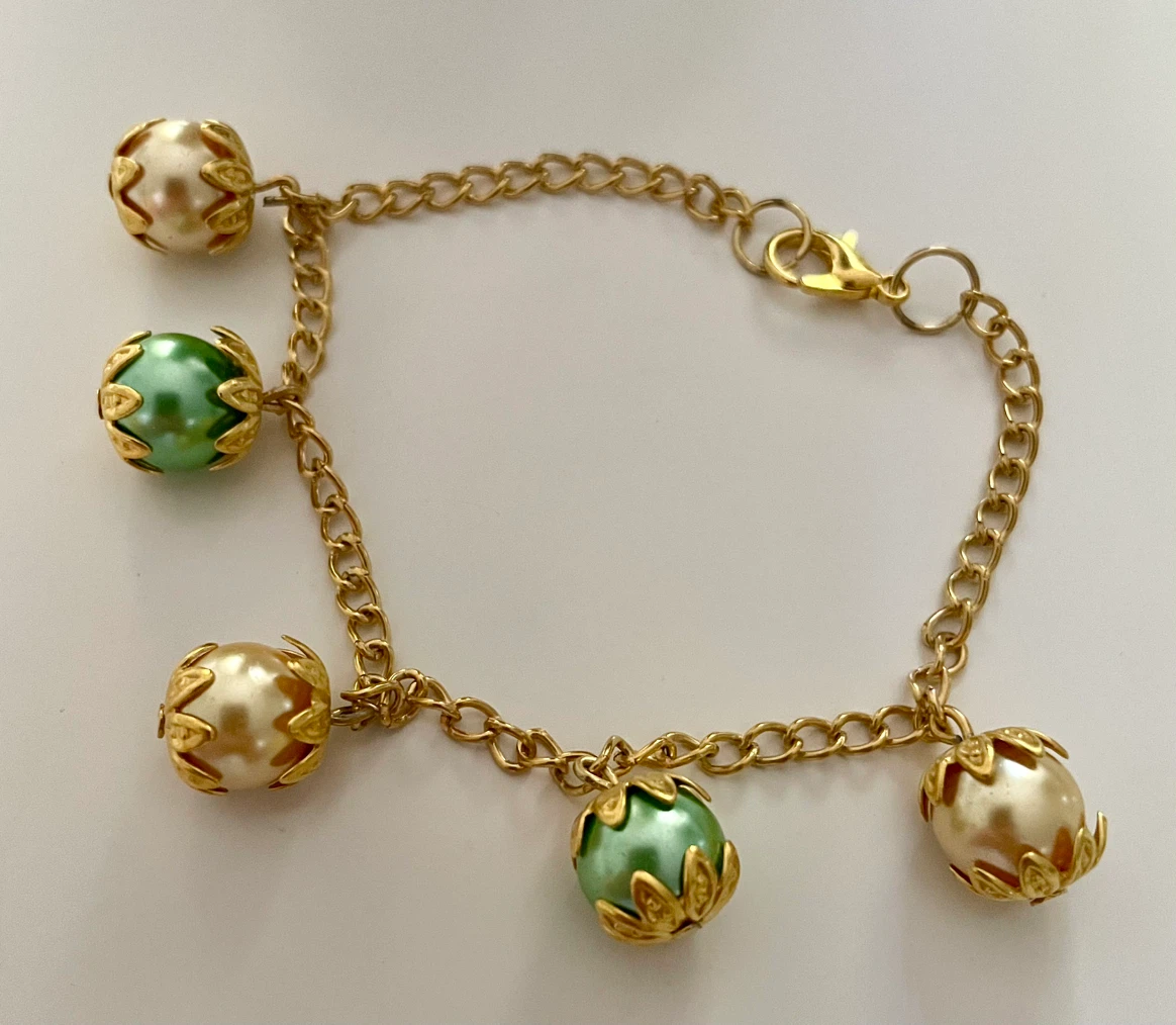 Handmade Gold Charm Bracelet – Cream & Sage Faux Pearls