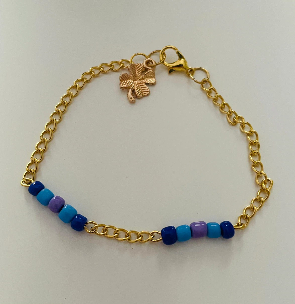 Handmade Gold Chain Bracelet with Four-Leaf Clover Charm & Beads