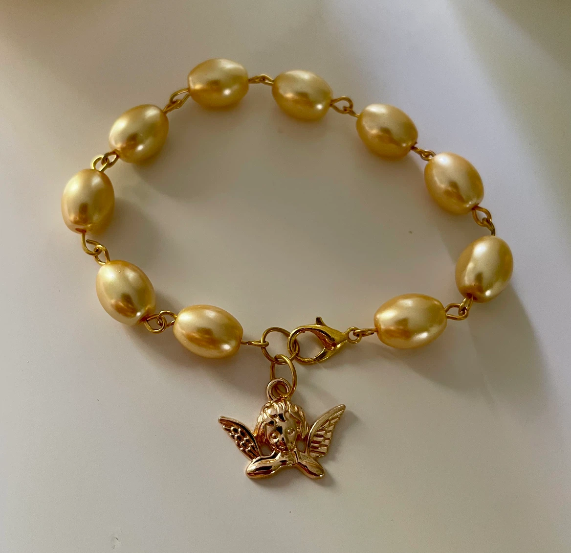 Vintage-Style Gold Angel Cherub Pearl Bracelet – Handmade
