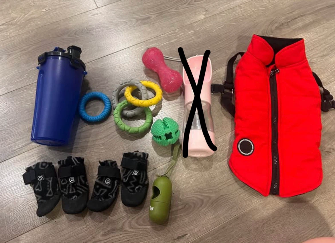 Red Dog Vest, booties, and toys etc
