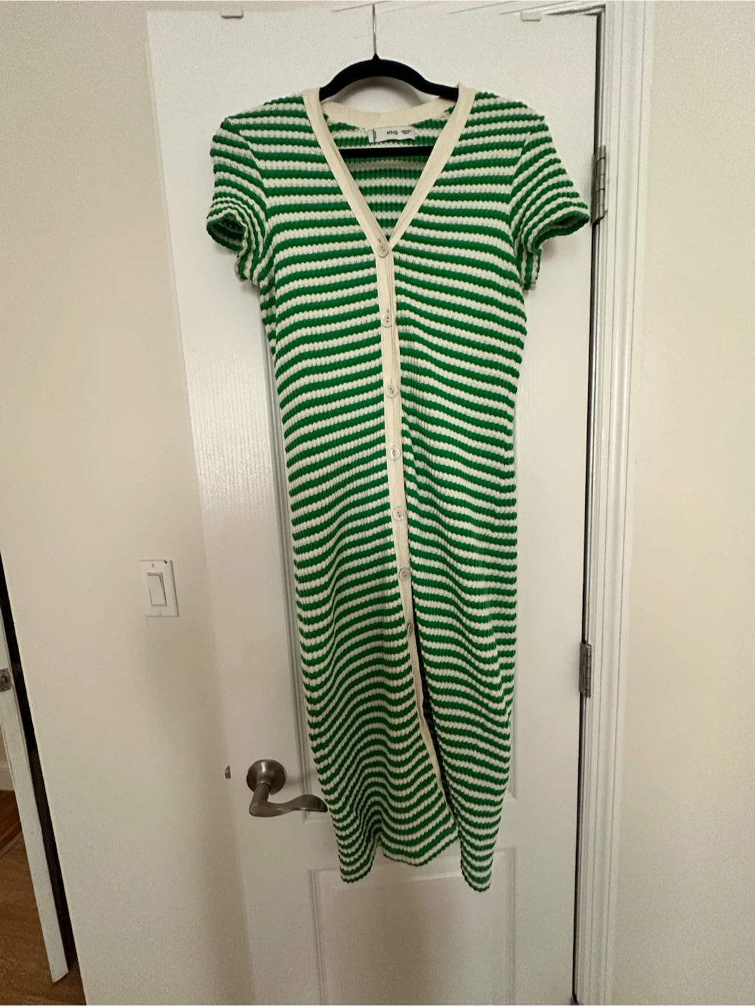 Mango Striped Green & White Button-Up Midi Dress