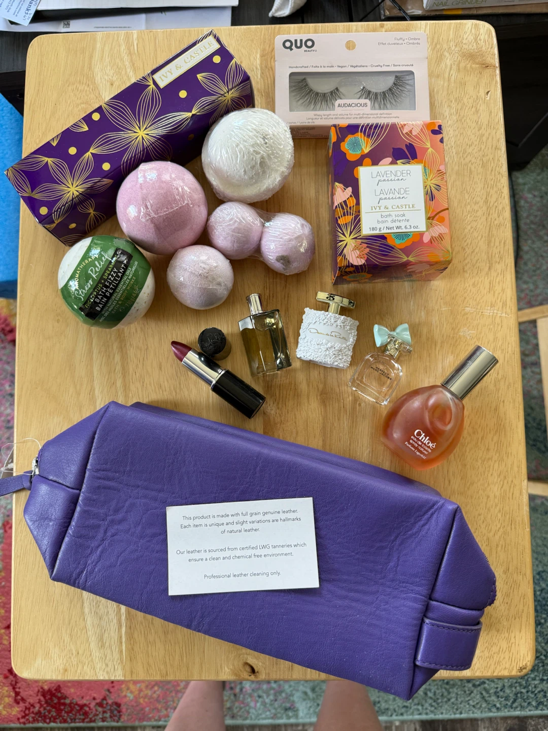 Purple Genuine Leather Pouch with Bath Bombs and Perfume Lot