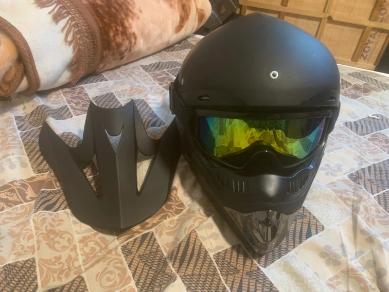 Black Motorcycle Helmet with Goggles and Face Shield