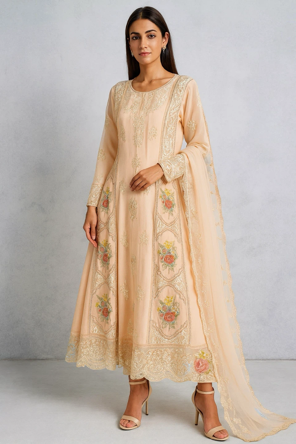 Peach Embroidered Anarkali Suit 3 pc