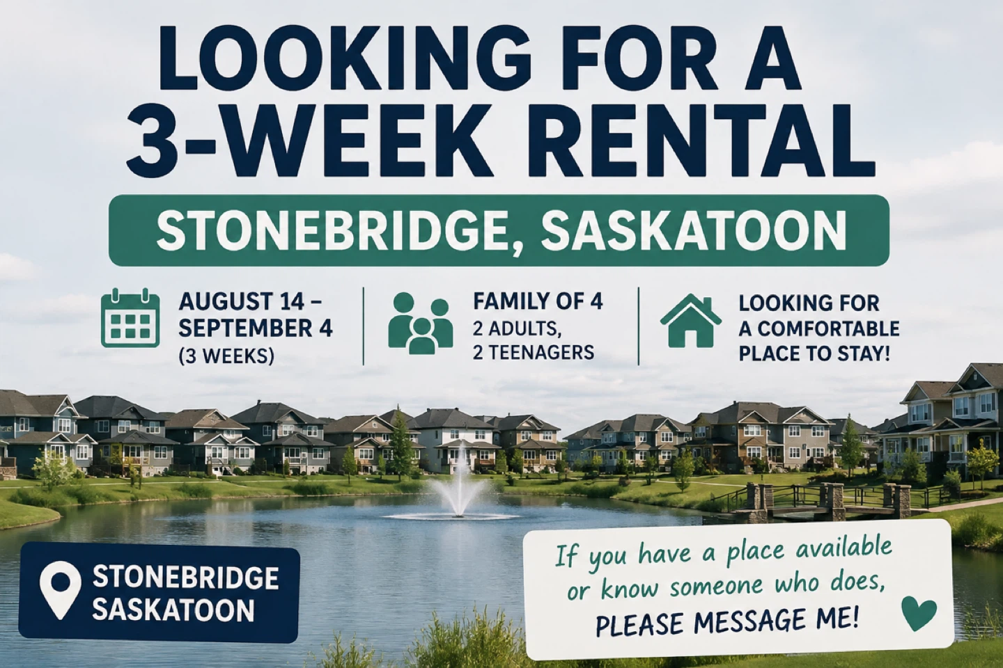 Looking for a 3-Week Rental in Stonebridge, Saskatoon