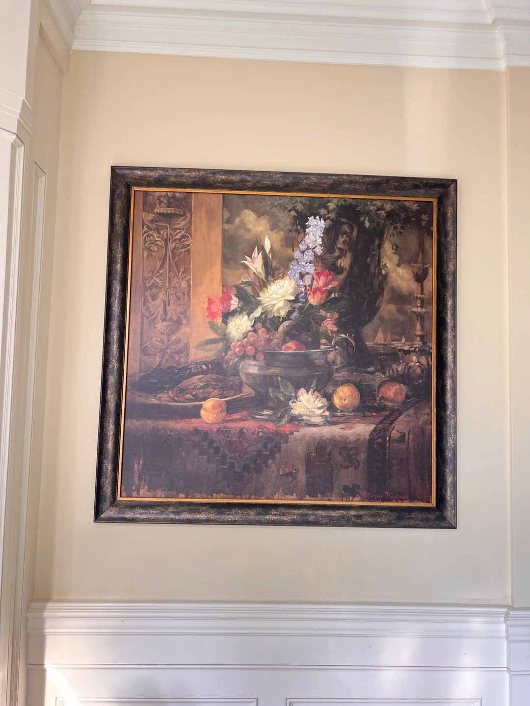 Framed Still Life Floral and Fruit Painting