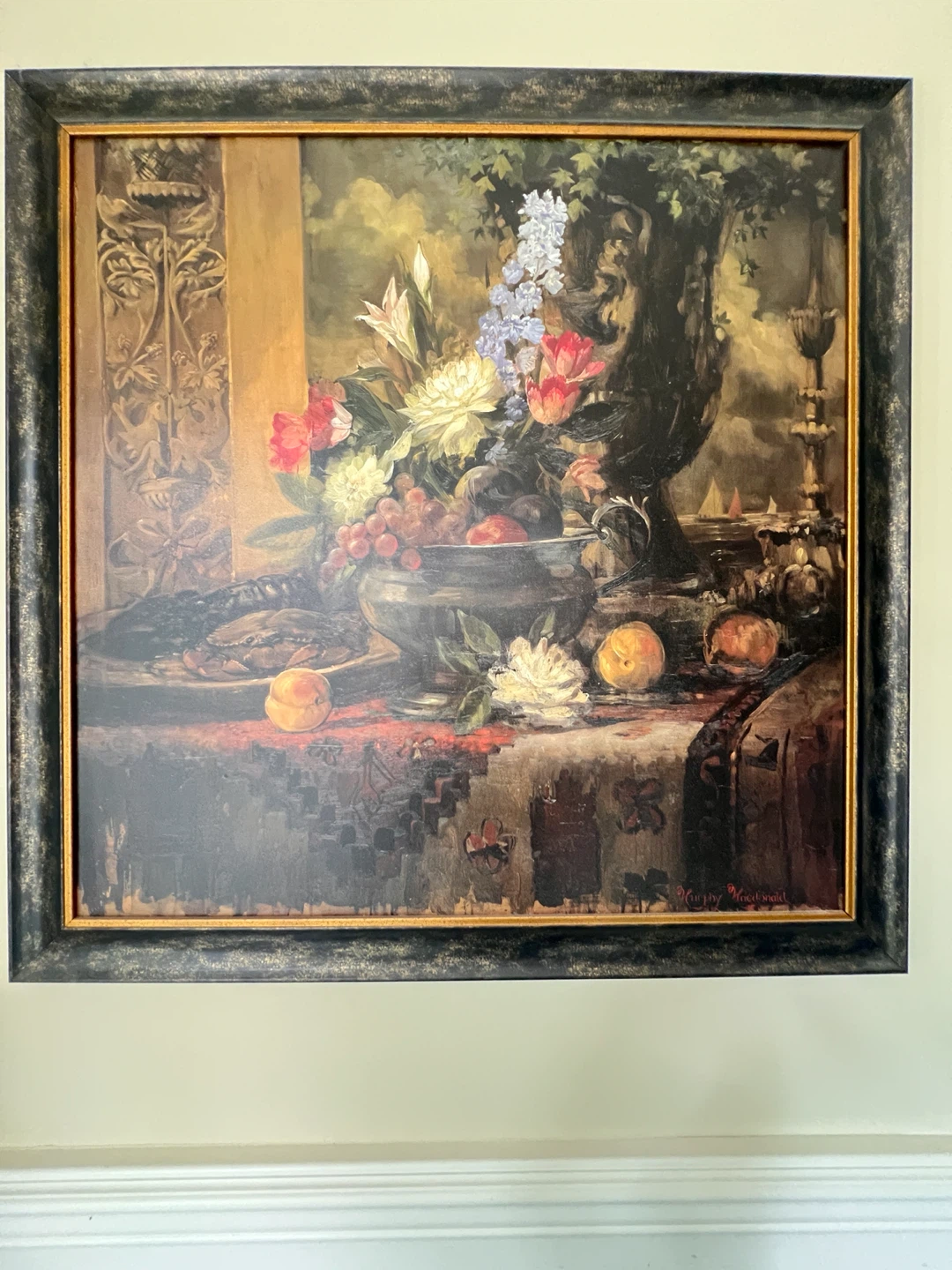 Framed Still Life Floral and Fruit Painting - photo 2