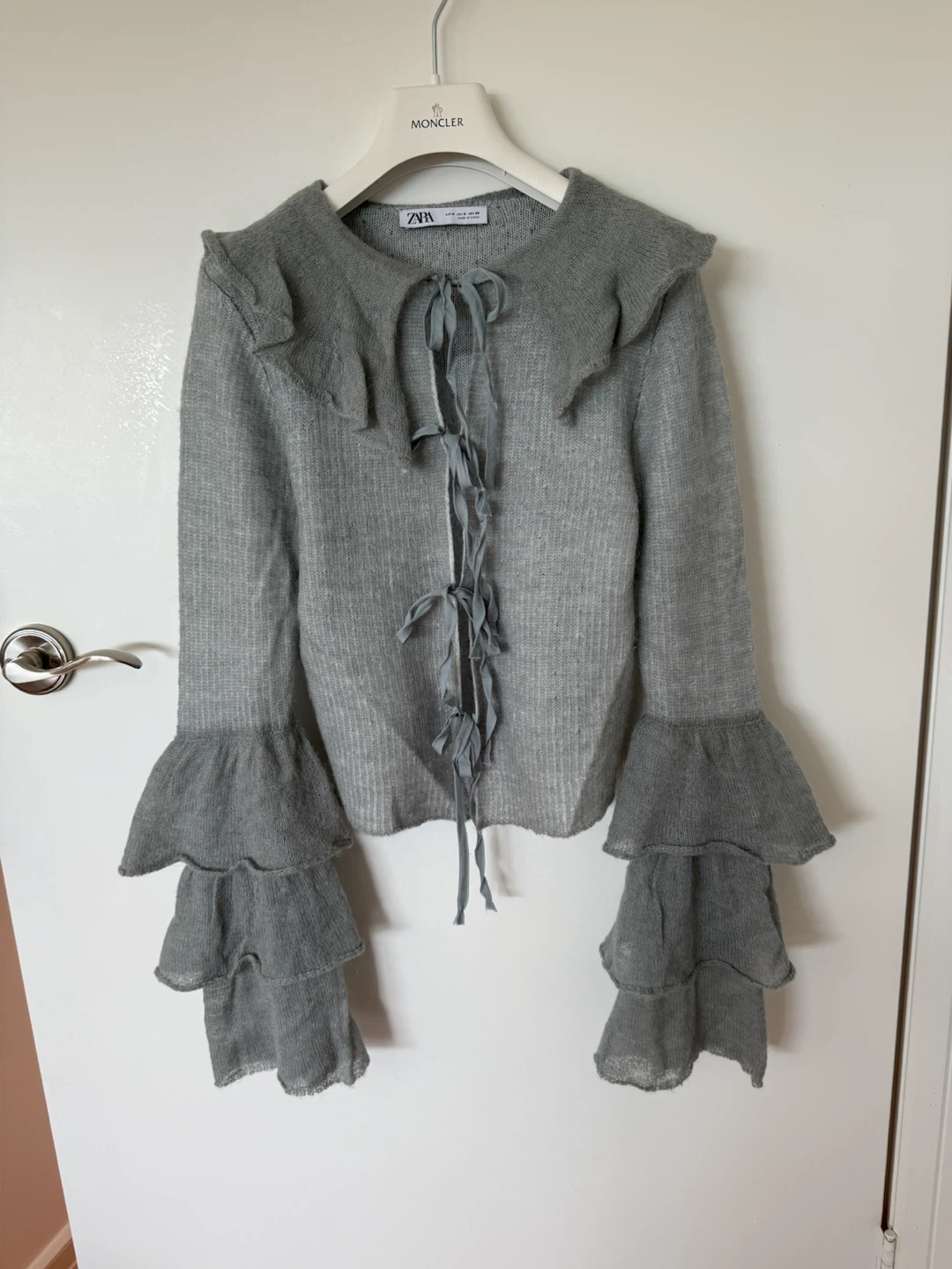 ZARA Grey Ruffled Knit Sweater with Tie Front - Size Medium