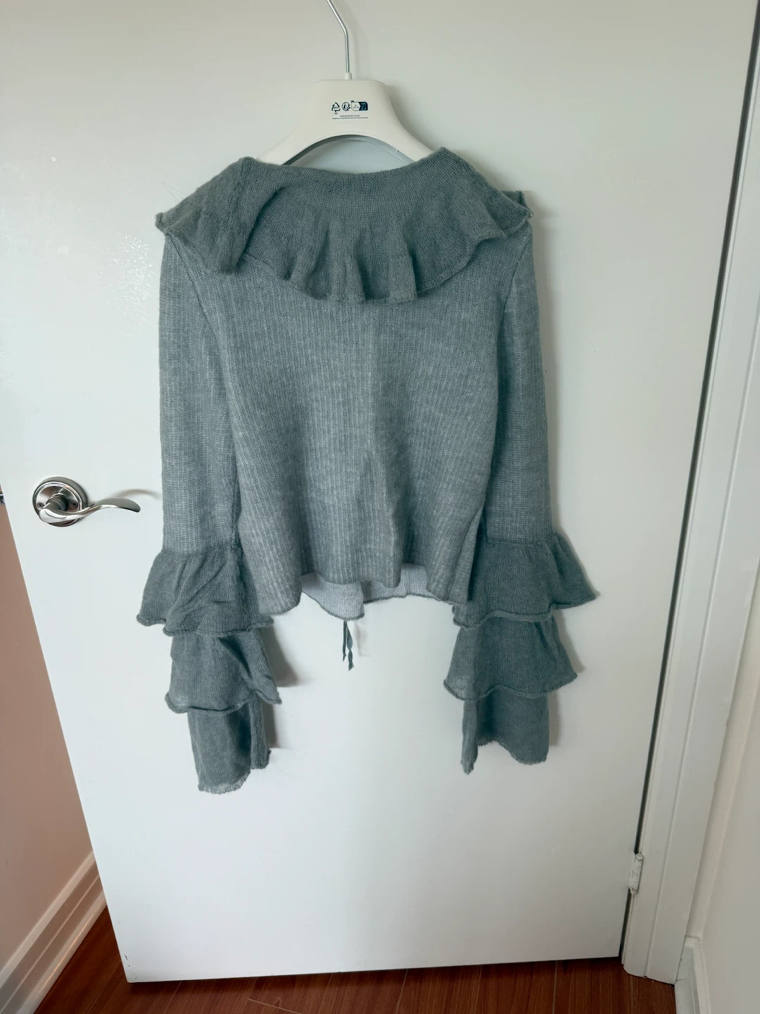 ZARA Grey Ruffled Knit Sweater with Tie Front - Size Medium - photo 3