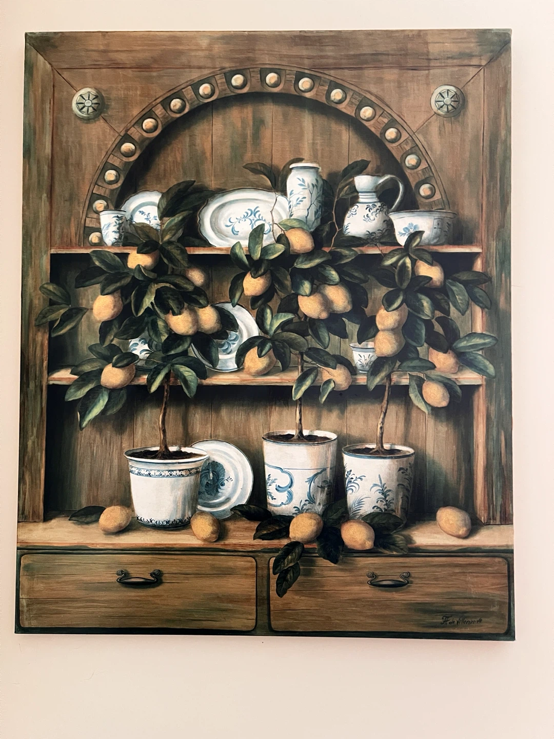 Painting of Lemon Trees and Blue & White Pottery