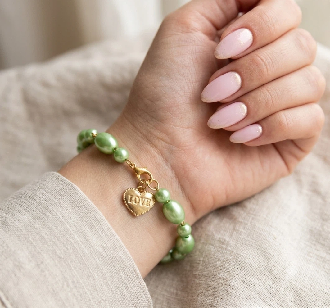 Handmade Sage Green Pearl Bracelet with Gold "LOVE" Heart Charm - photo 2