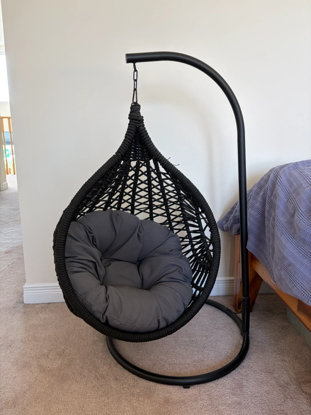 Black Hanging Egg Chair with Grey Cushion