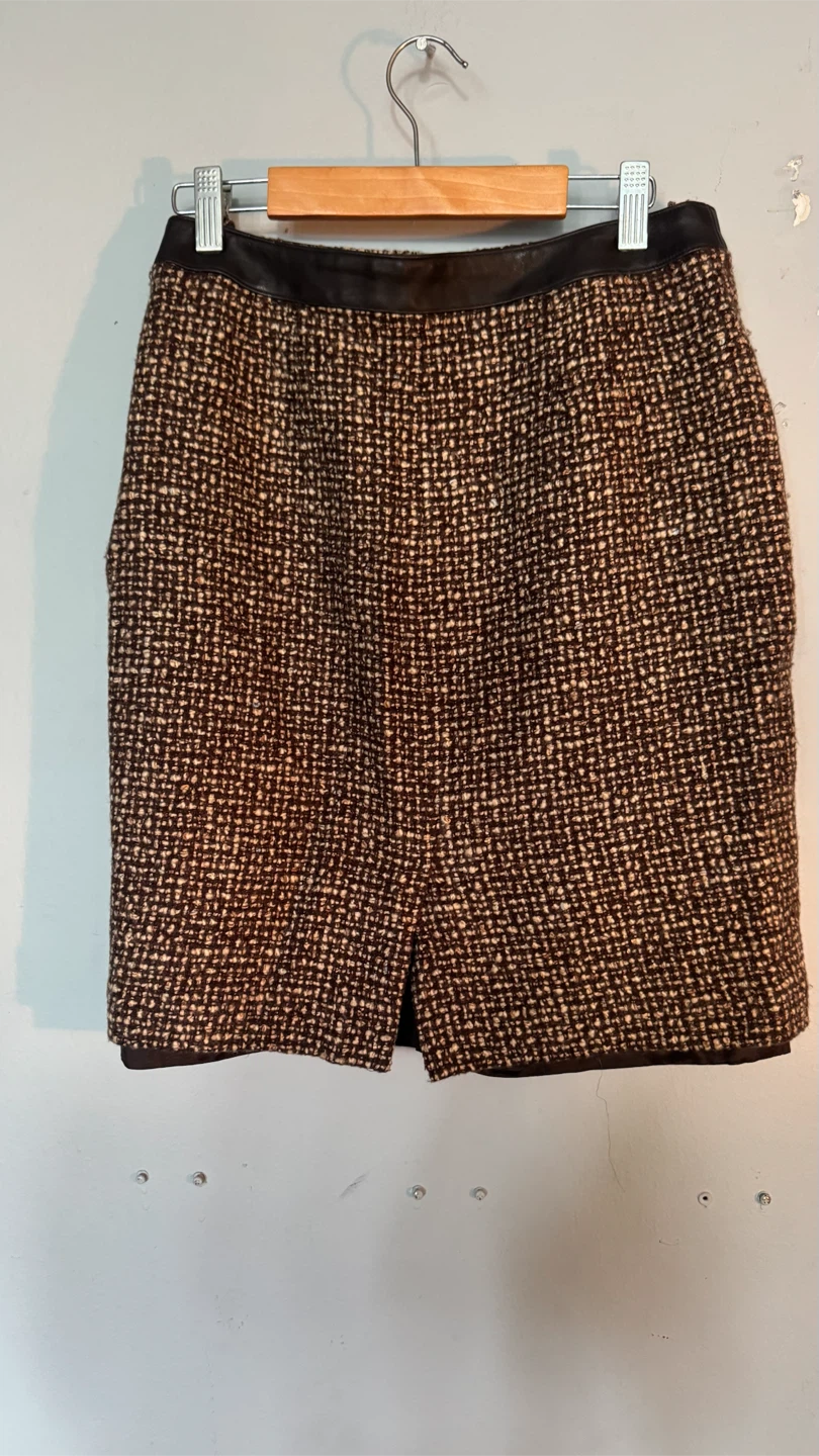 Brown Tweed Mini Skirt with Faux Leather Trim - photo 2