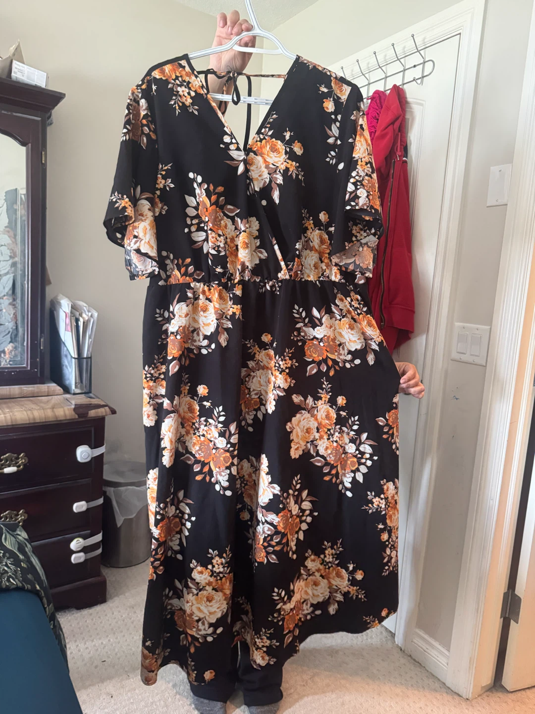 Black floral wrap dress