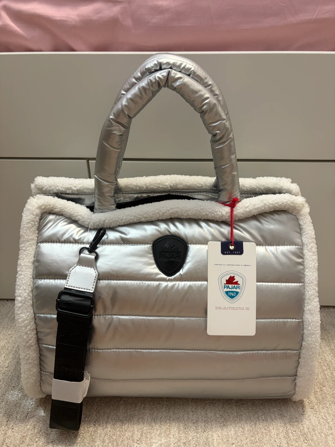 Pajar Silver Puffer Bag with Sherpa Trim