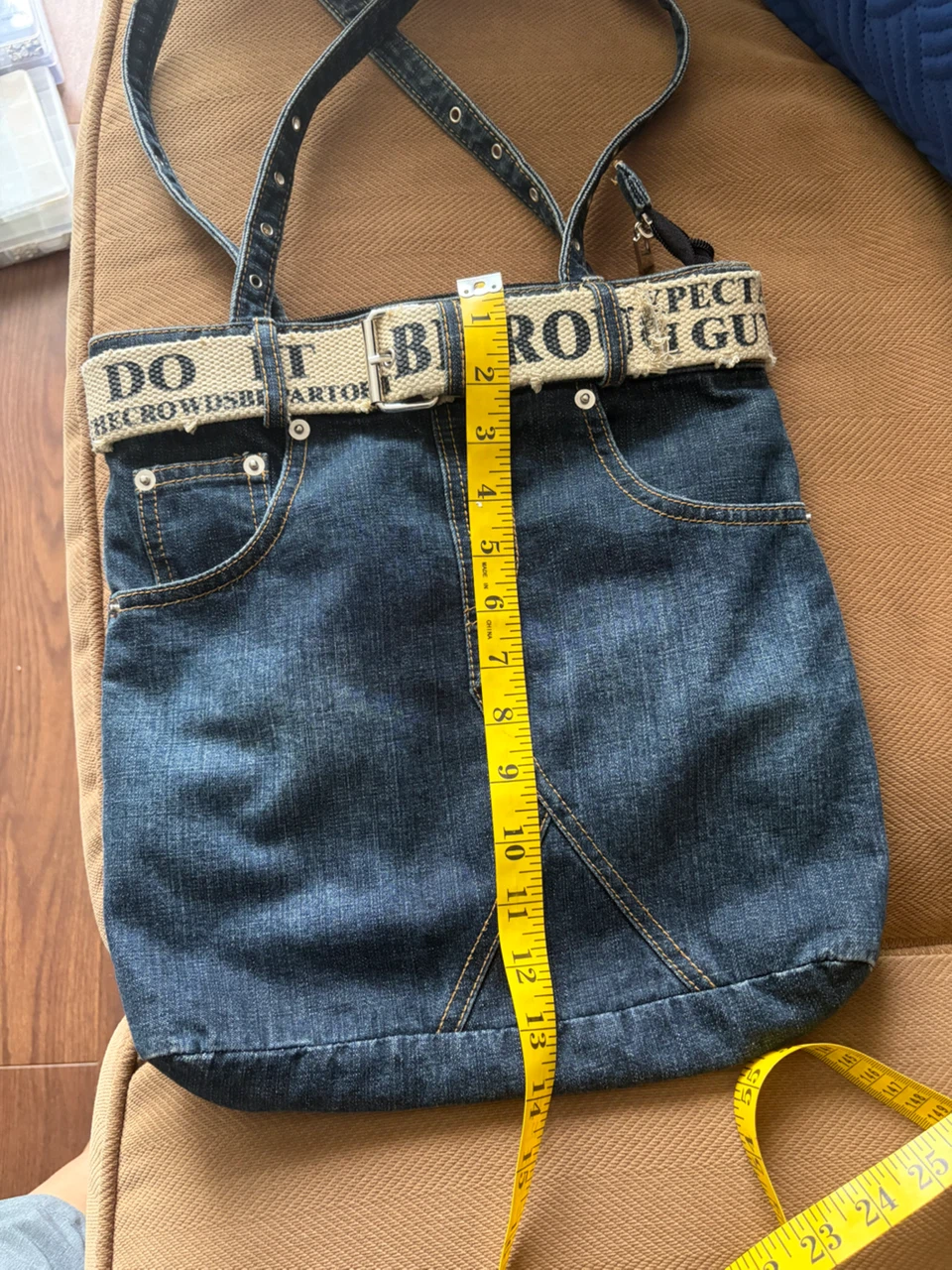 Denim Tote Bag with Graphic Belt