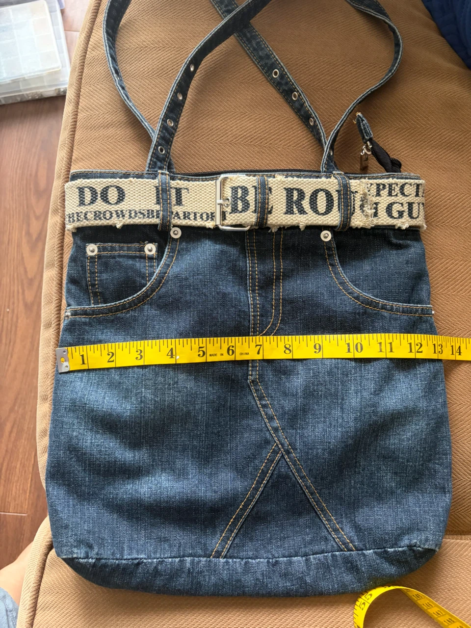 Denim Tote Bag with Graphic Belt - photo 2