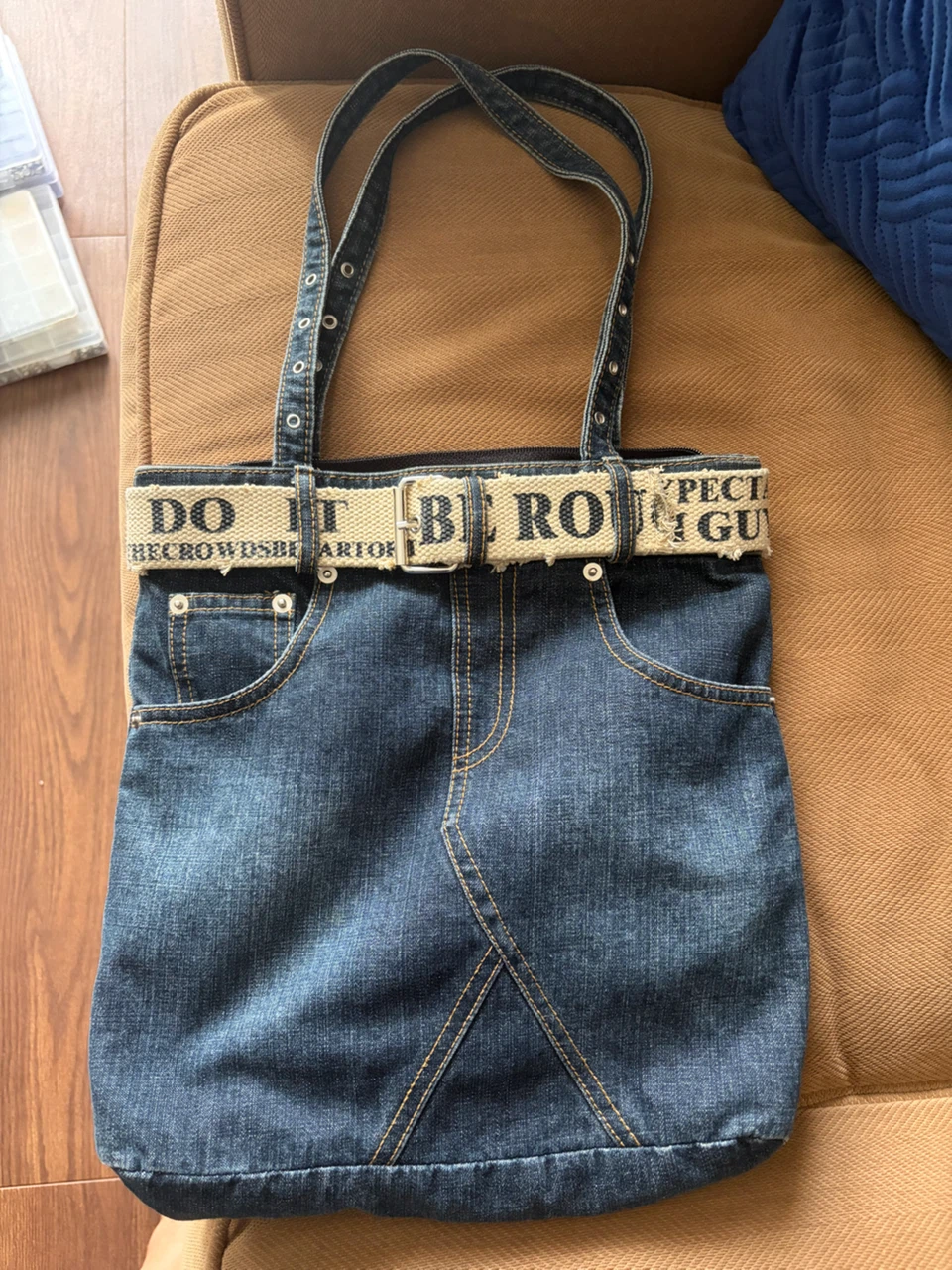 Denim Tote Bag with Graphic Belt - photo 5