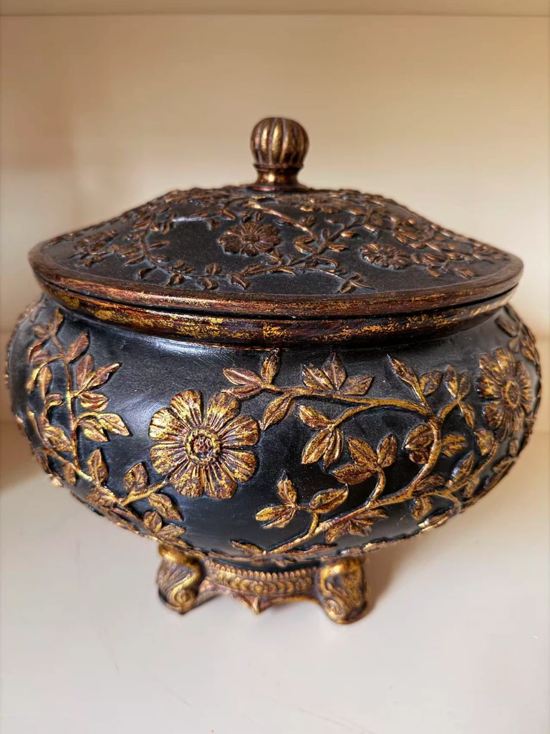 Decorative Black and Gold Floral Footed Trinket Box