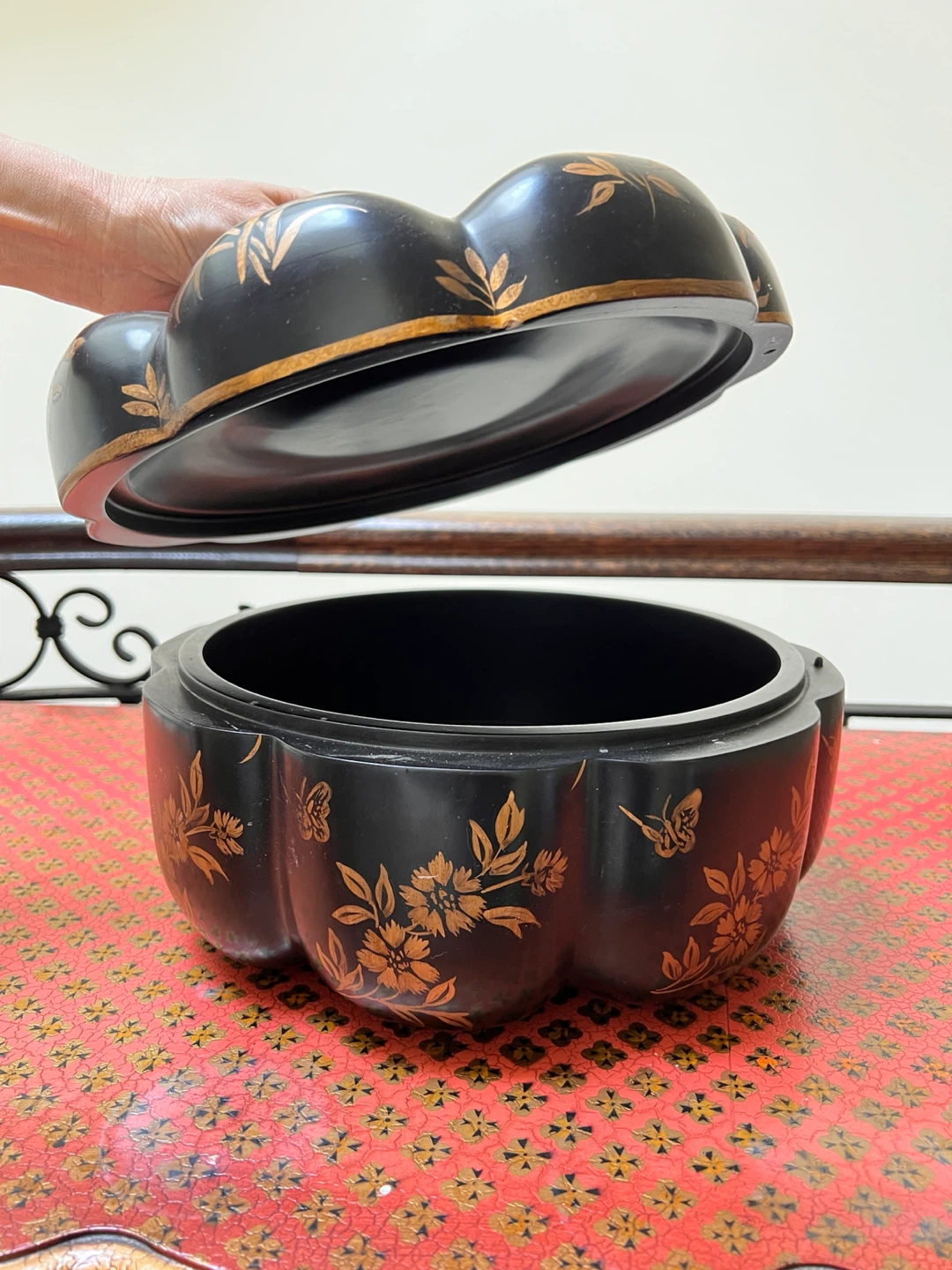 Decorative Black and Gold Floral Footed Trinket Box - photo 2