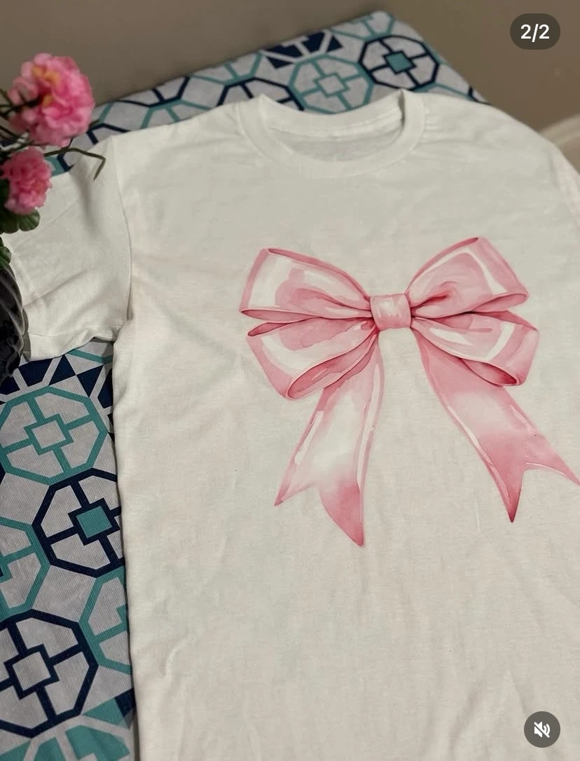 White T-Shirt with Pink Bow Graphic