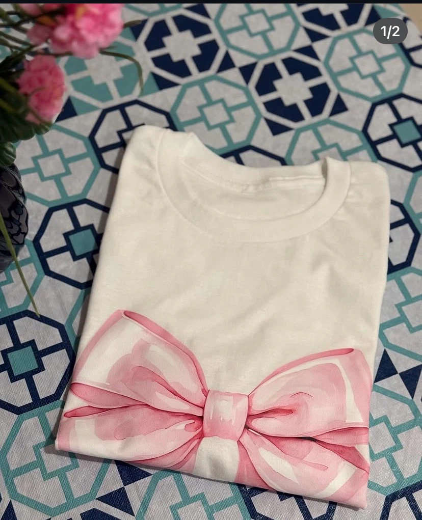 White T-Shirt with Pink Bow Graphic - photo 2