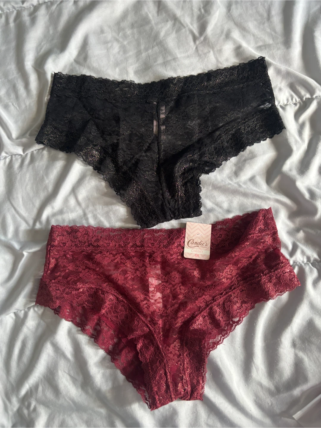 Candie's Cheeky Lace Panties (Black & Burgundy, Size M)