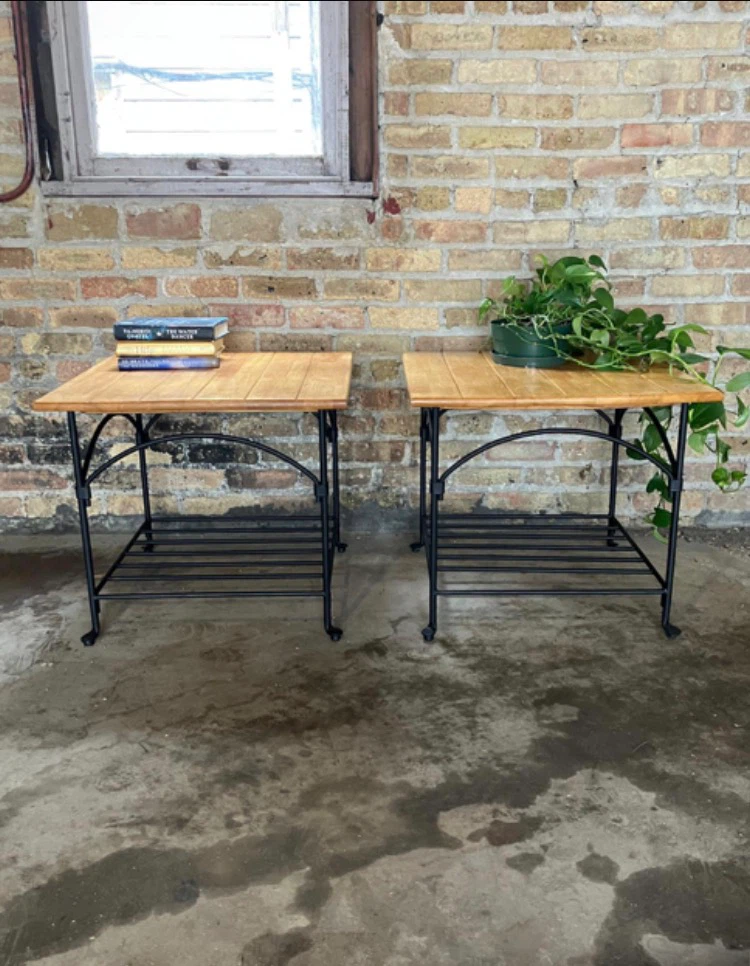 Oak Top Steel Side/End Tables Set of 2 w/ Shelf, Industrial Rust