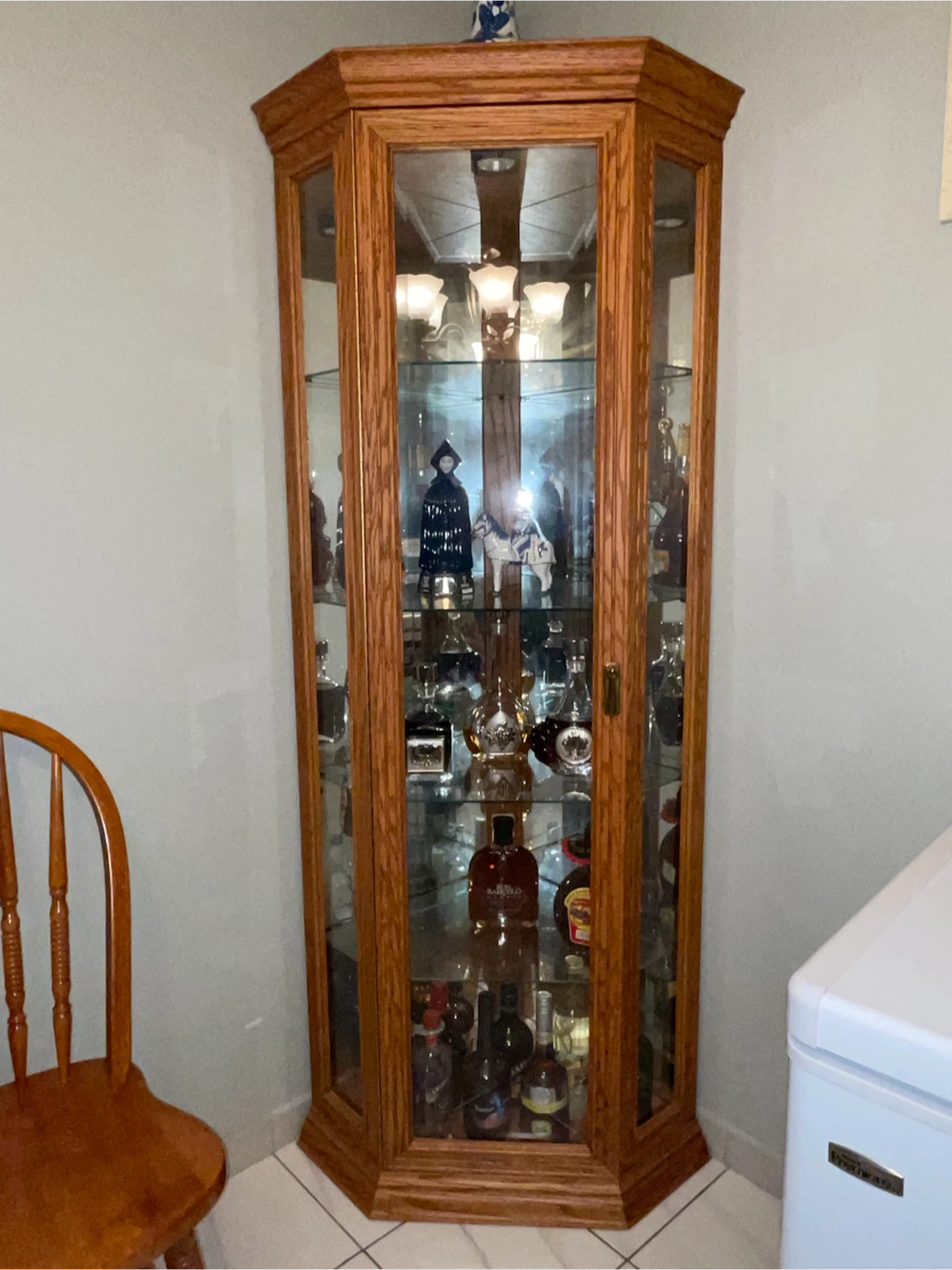 Oak Corner Display Cabinet with Glass Shelves
