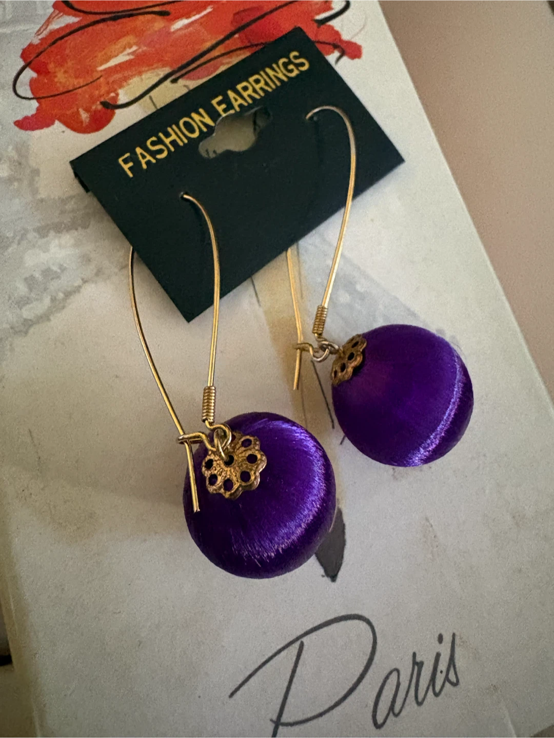 Purple Earrings long kidney wires, new