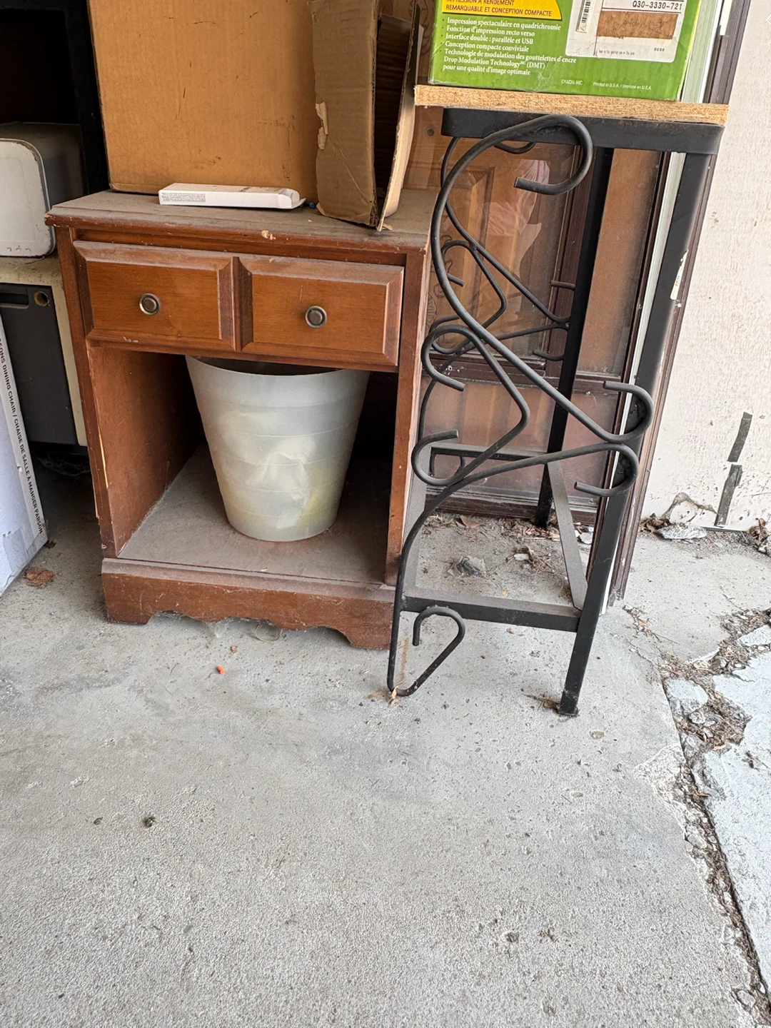 Wooden nightstand with two drawers and Small Metal Table