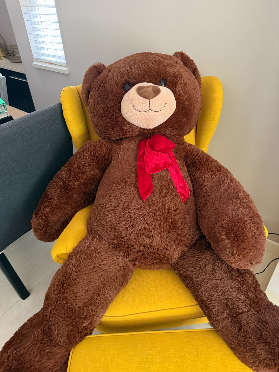 Giant Brown Teddy Bear with Red Bow