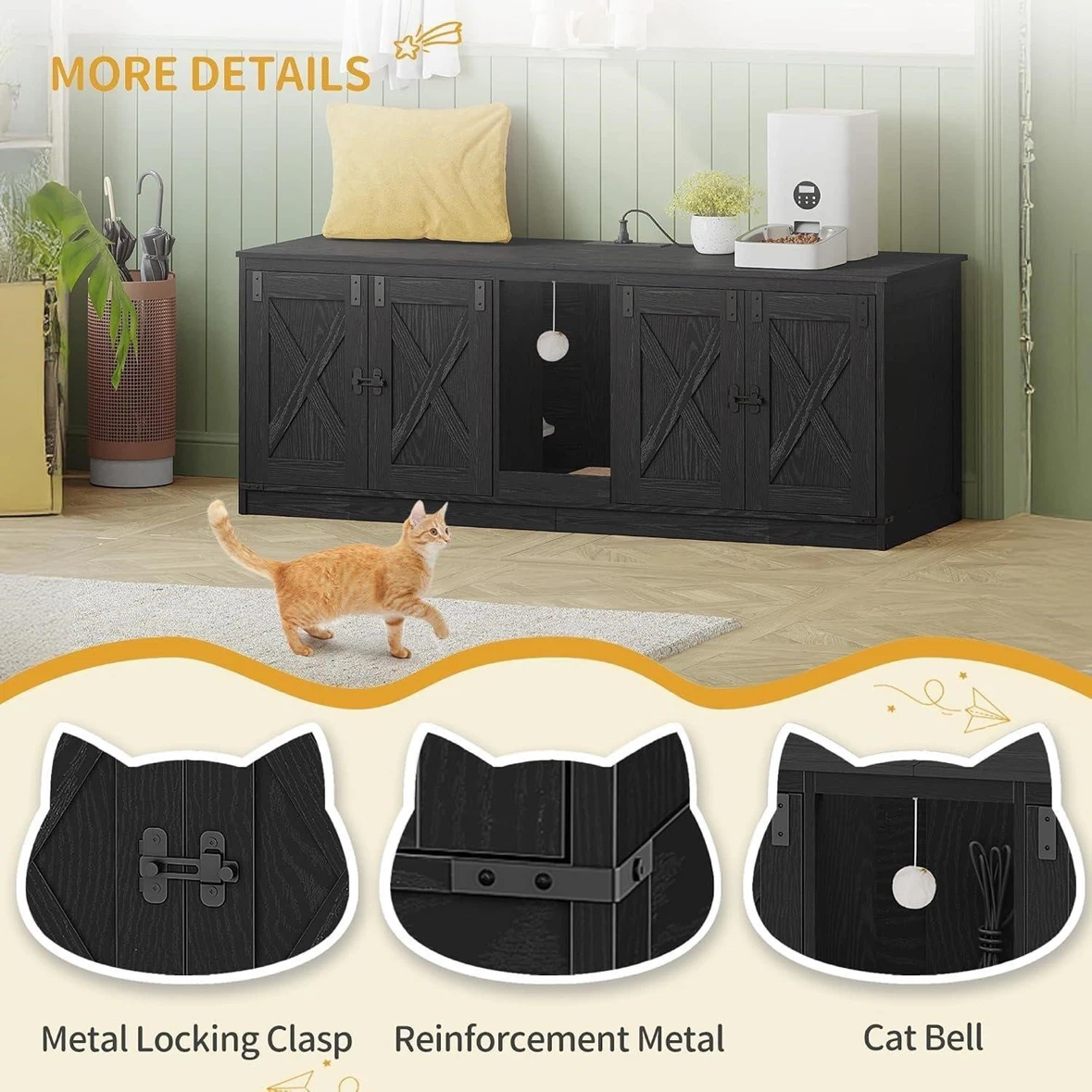 Black Cat Litter Box Enclosure Furniture with Built-in Power