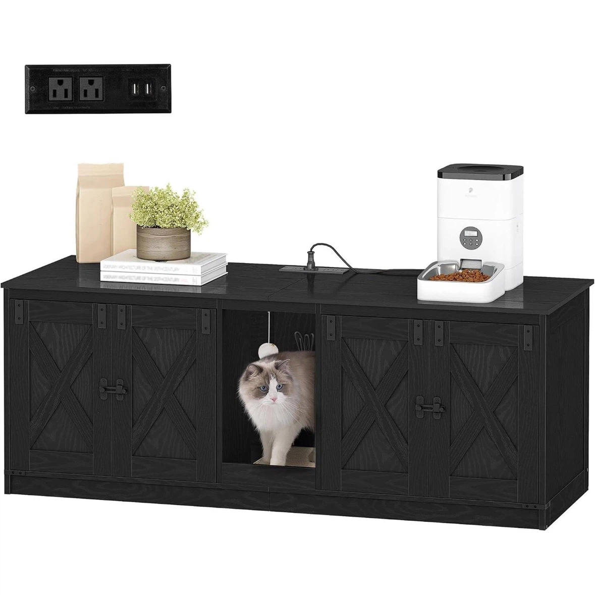 Black Cat Litter Box Enclosure Furniture with Built-in Power - photo 2