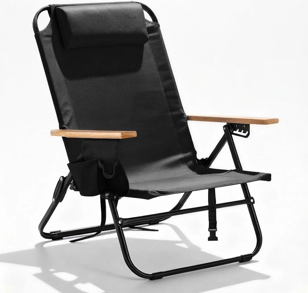 Black Camping Chair with Headrest and Armrests