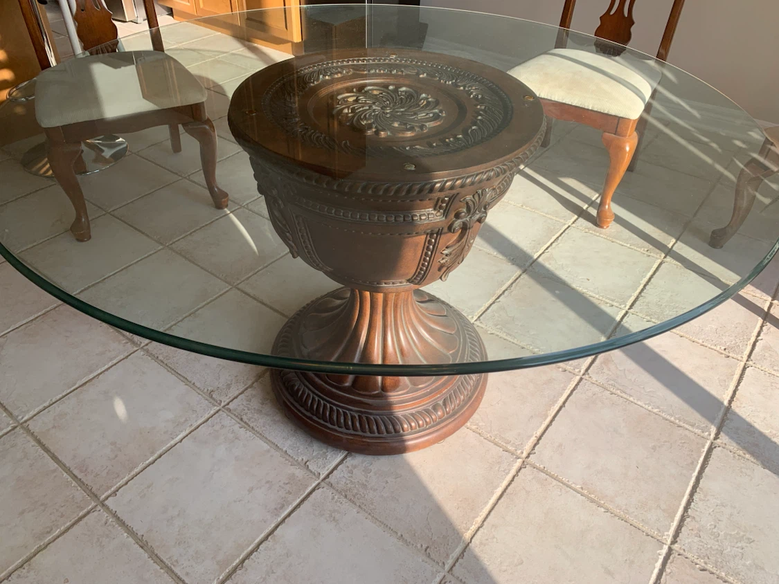 Round Glass Top Dining Table for four with Ornate Pedestal Base