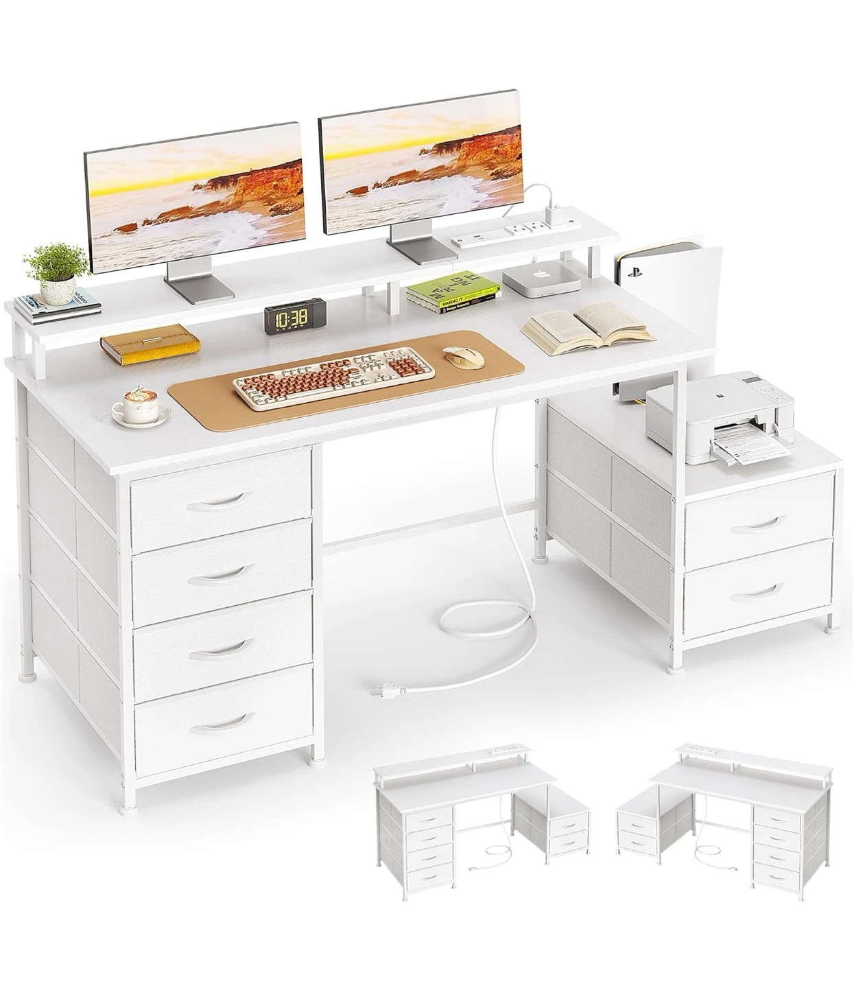 52 Inch White Office Desk with 6 Drawers and Monitor Stand