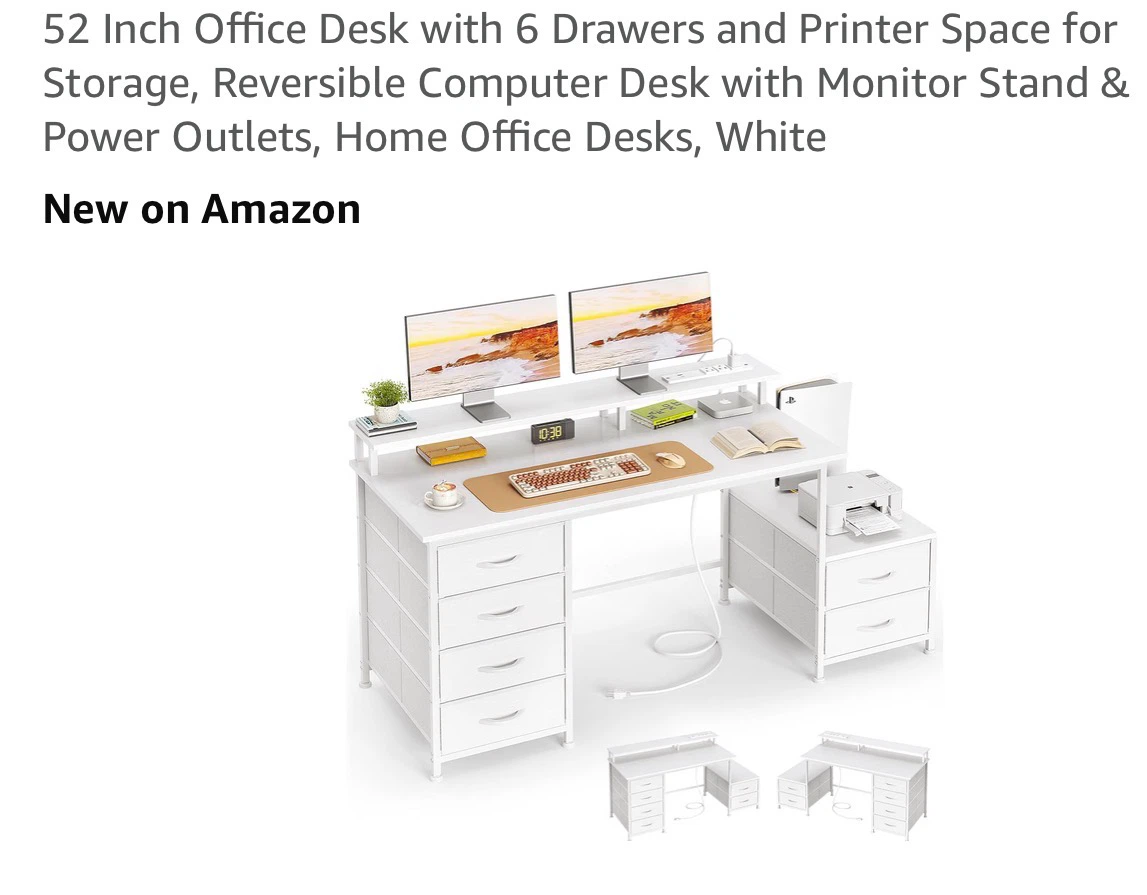 52 Inch White Office Desk with 6 Drawers and Monitor Stand - photo 2