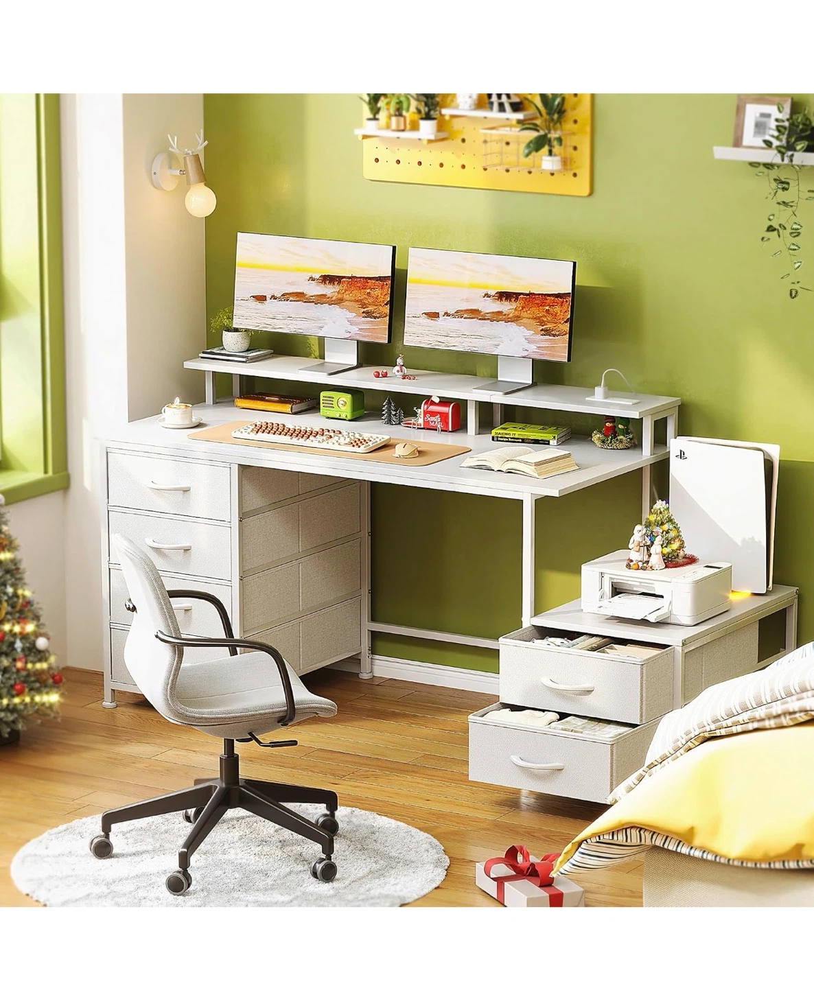 52 Inch White Office Desk with 6 Drawers and Monitor Stand - photo 3