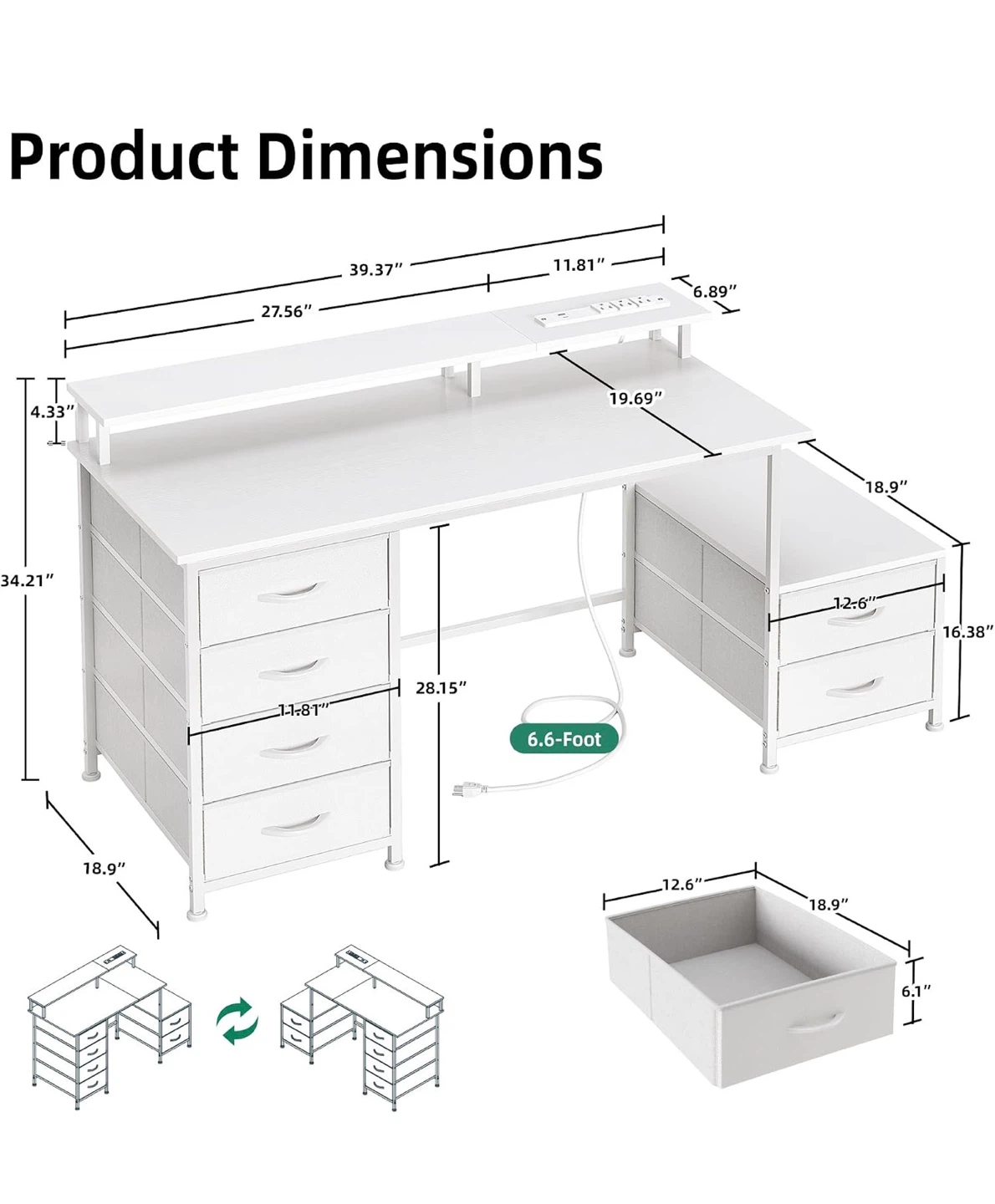 52 Inch White Office Desk with 6 Drawers and Monitor Stand - photo 4
