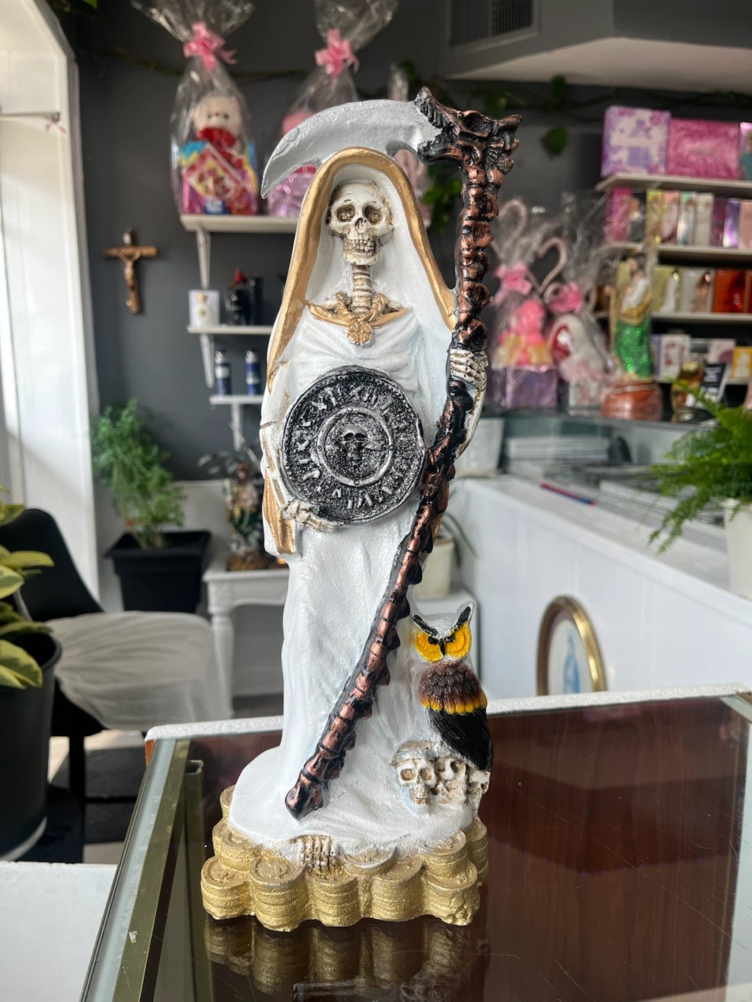 Santa Muerte Statue with Owl and Scythe