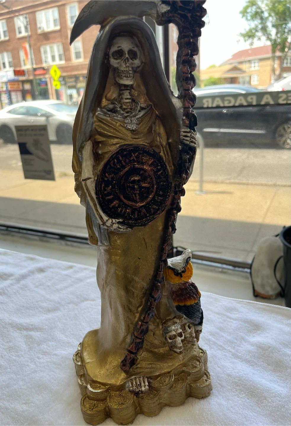 Grim Reaper Figurine with Owl and Skulls