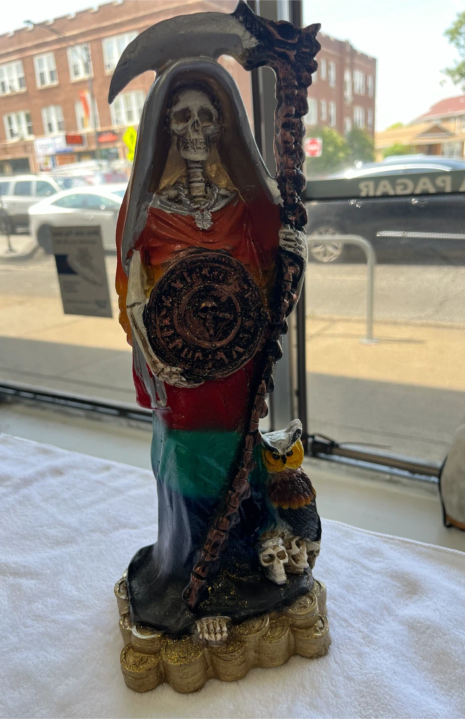 Santa Muerte Figurine with Owl and Skulls