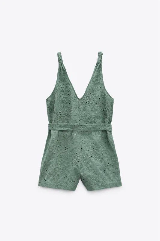 ZARA Green Embroidered Summer Jumpsuit – Size L - photo 5