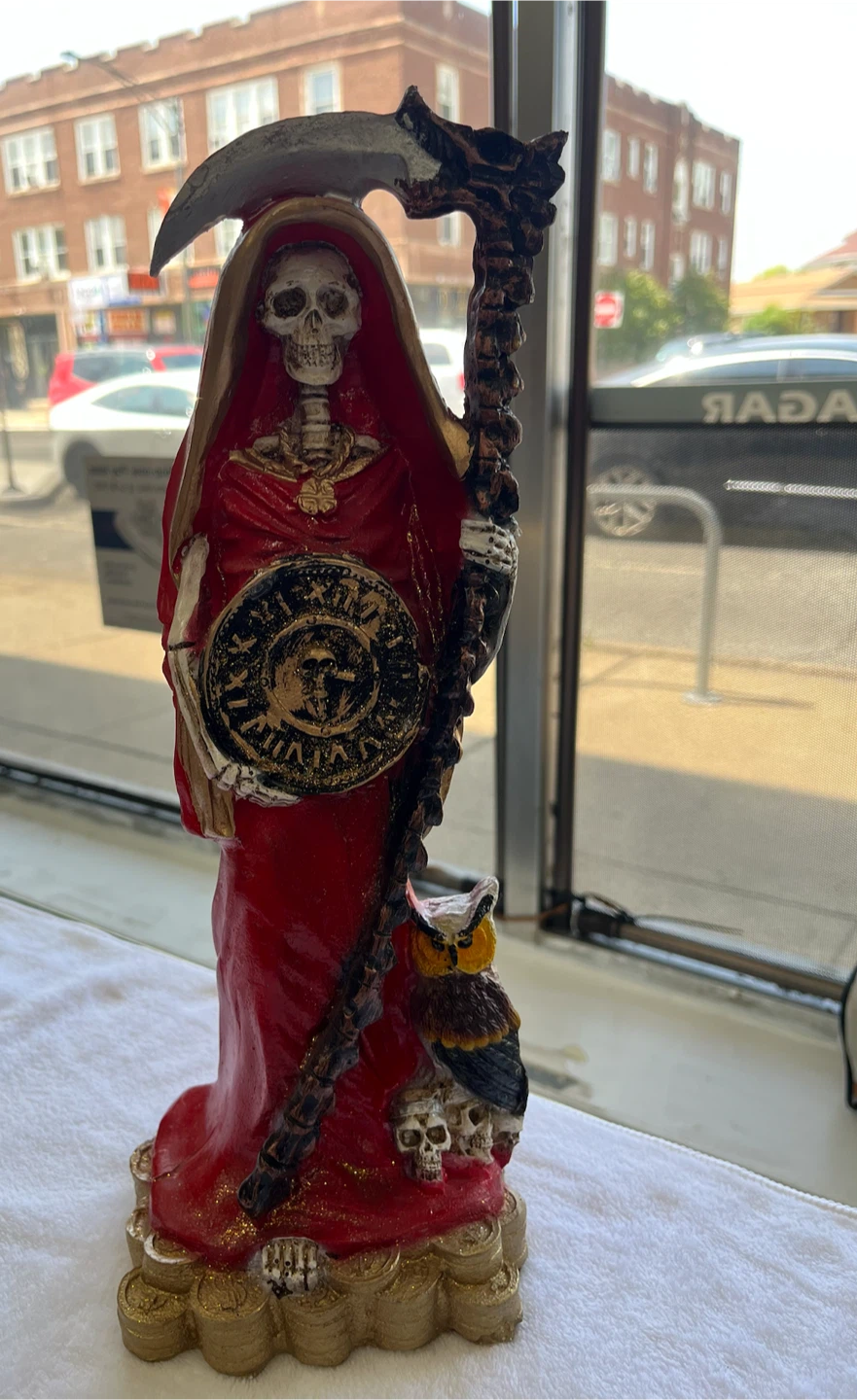 Santa Muerte Figurine with Owl and Scythe