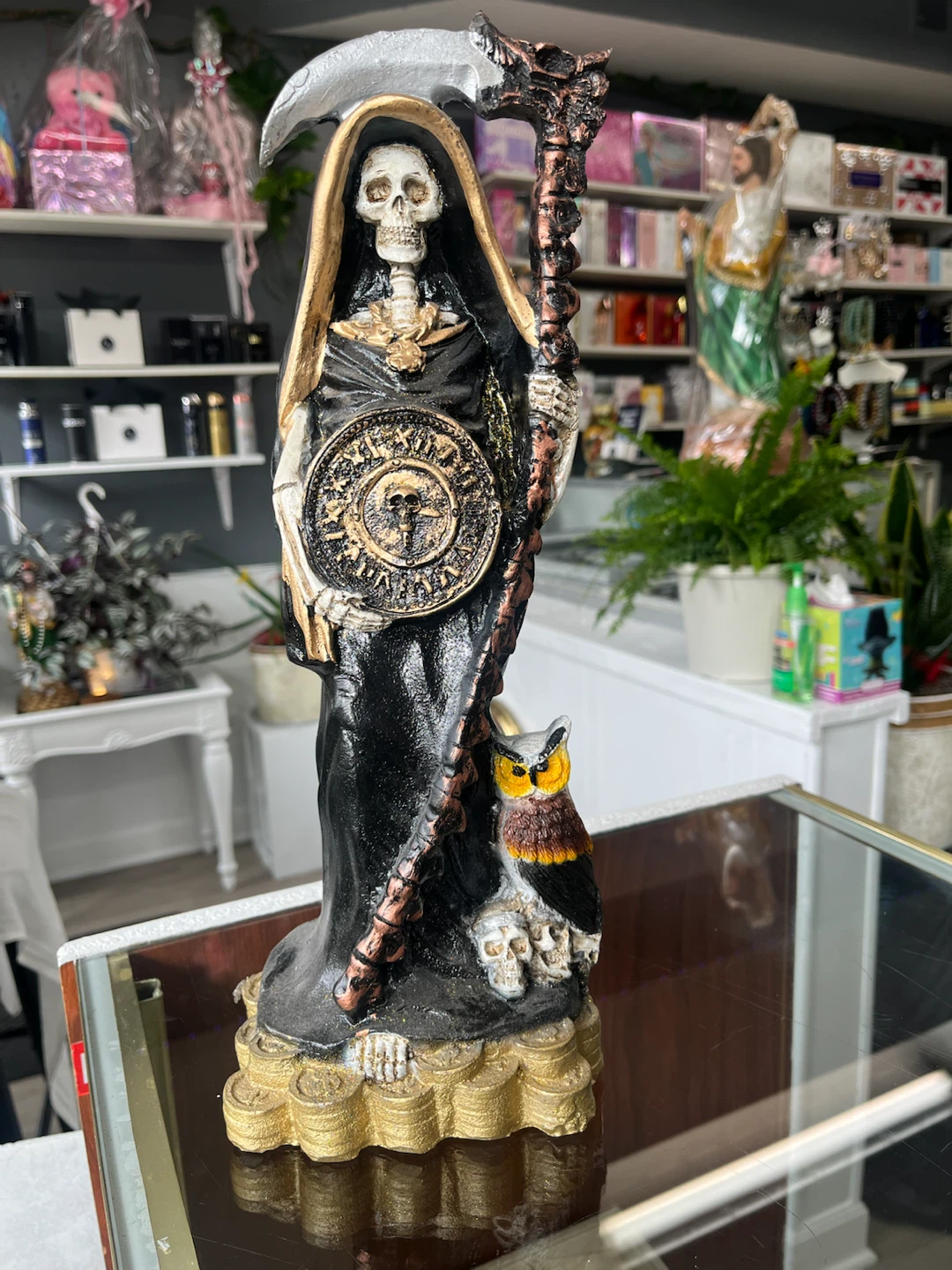 Santa Muerte Figurine with Owl and Skulls