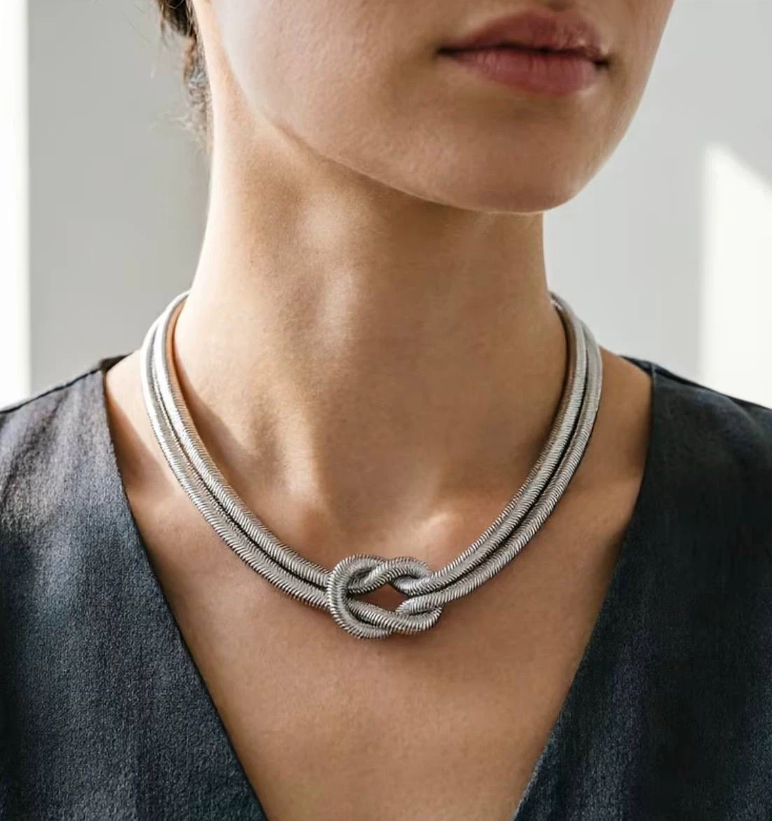 Double Snake Chain Knot Necklace – Silver colour