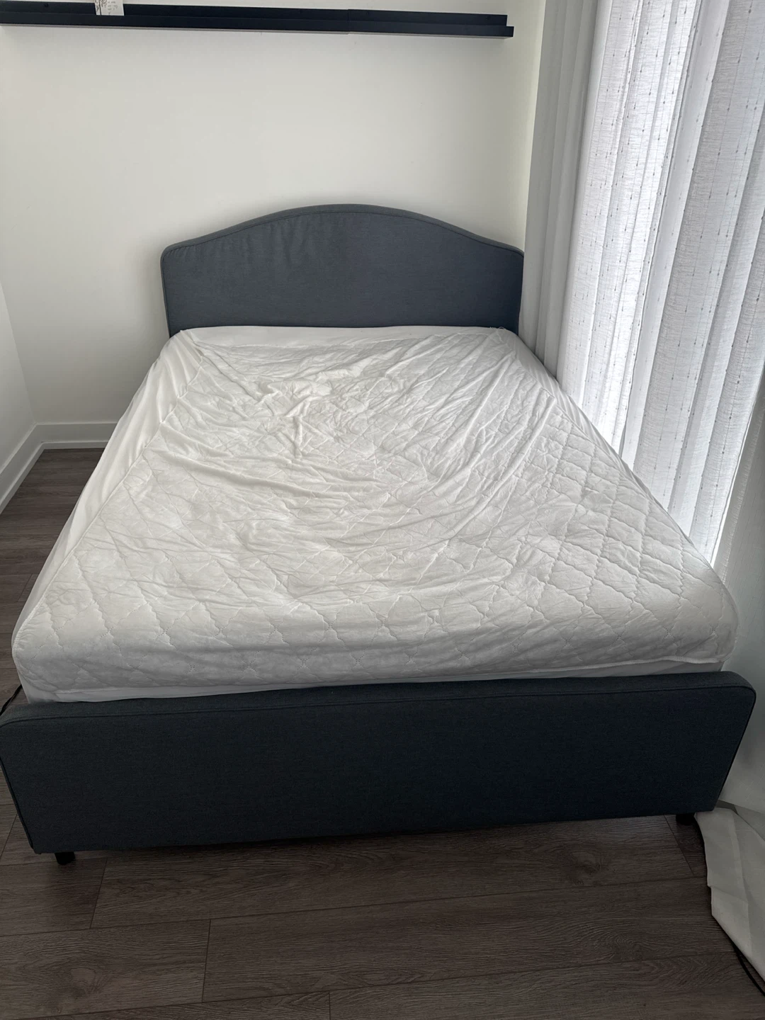 Grey Bed Frame with Headboard and Mattress (Size: Double)